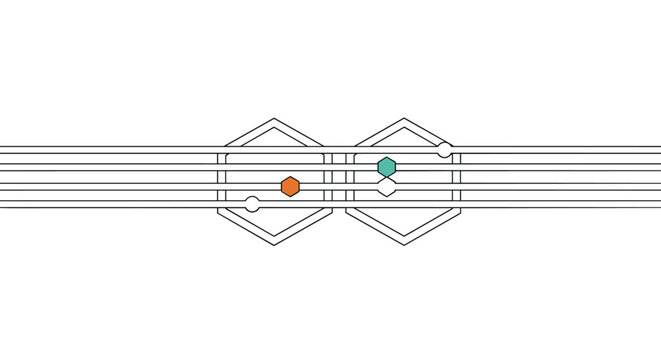 Abstract geometric illustration of horizontal parallel lines passing through two hexagonal shapes on a white background.