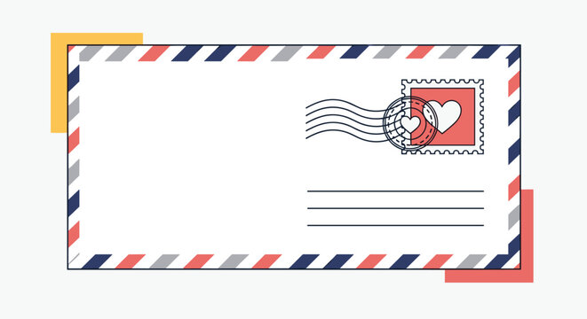 Classic airmail envelope design with red and blue striped edges and a heart shaped postage stamp on a grey background.