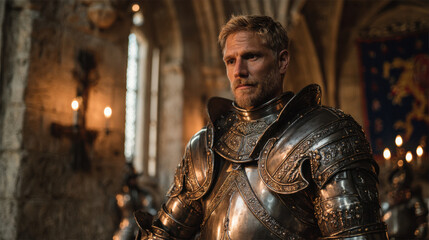 Obraz premium Confident blond knight in gleaming silver armor standing in candlelit medieval castle
