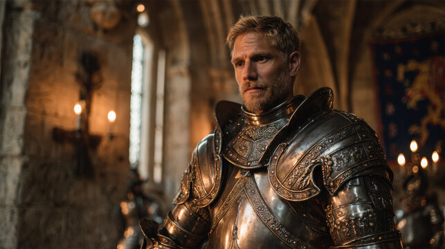 Confident blond knight in gleaming silver armor standing in candlelit medieval castle