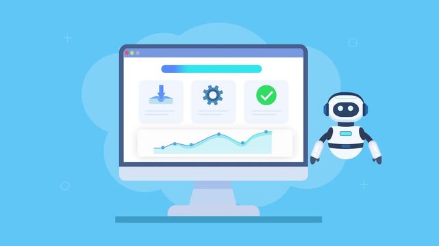 Flat vector animation of a desktop dashboard with analytics chart, settings icon, and a friendly robot assistant, representing AI automation and digital workflow systems.