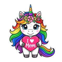 Naklejka premium Colorful unicorn with rainbow mane and horn standing cheerfully