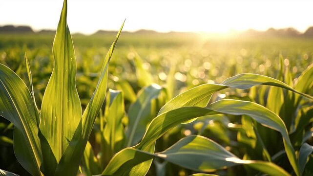 Green corn field with sunlight shining through the leaves.