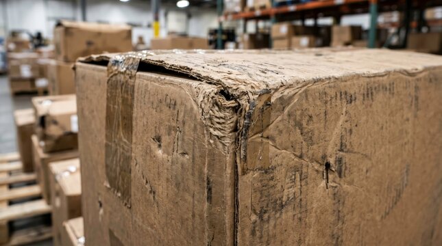 Close-up of a Damaged Cardboard Box in a Warehouse Environment