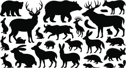 Obraz premium Silhouettes of woodland animals, forest wildlife collection, bears, deer, rabbits, wolves, squirrels, porcupines, nature mammals, black vector illustration