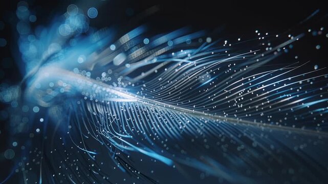 Digital feather with flowing particles and fiber optic lines. A concept for high-speed data transmission, network connection, and innovation.