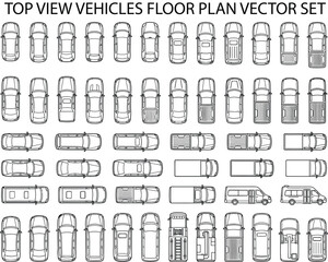 Top view cars floor plan vector set. Thin line CAD automobile icons of multiple car shapes in overhead plan view for parking layouts, traffic diagrams, city maps and architectural design © PrimePixel Co