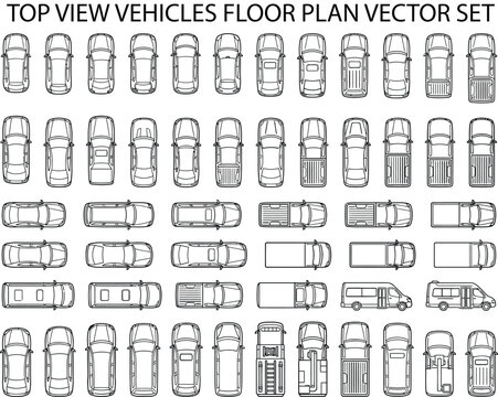 Top view cars floor plan vector set. Thin line CAD automobile icons of multiple car shapes in overhead plan view for parking layouts, traffic diagrams, city maps and architectural design
