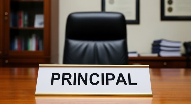 Principal nameplate on wooden desk, school administrator office with leather chair, professional education leadership workspace