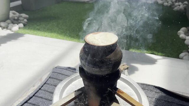 Kiri Ithiraweema traditional milk boiling ritual during Sinhala and Tamil New Year in Sri Lanka