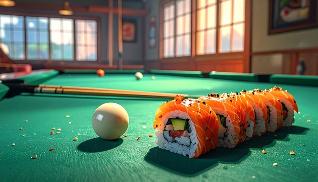 A sushi roll on a green billiard table with a cue stick