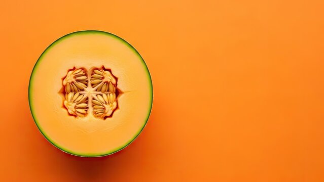A vibrant orange cantaloupe slice on a matching background