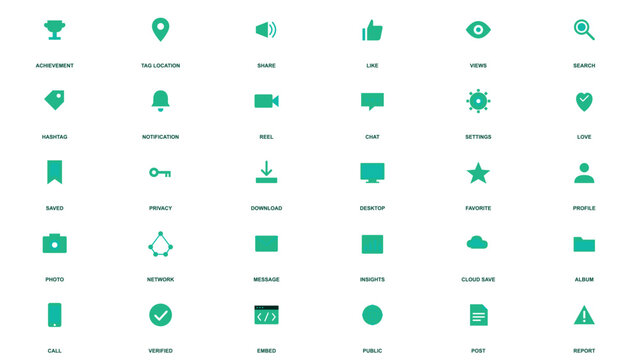 Minimalist green web icons set, 30 flat vector UI elements for mobile apps, modern interface navigation symbols for digital business software