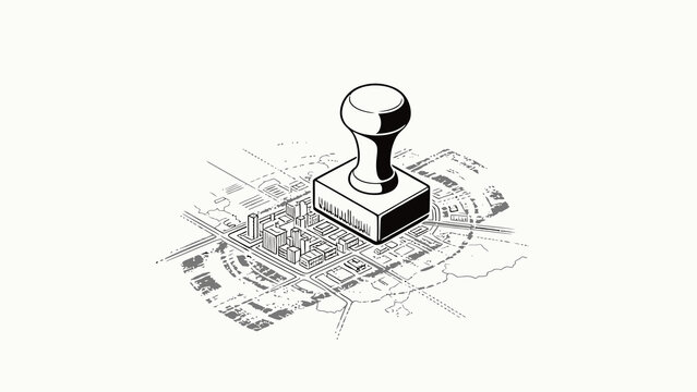 Black and White Line Art Illustration of an Over-Sized Rubber Stamp Resting Over an Isometric Urban Planning Blueprint of a City District
