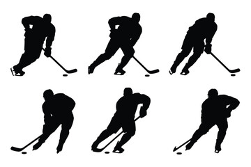 Naklejka premium Silhouettes of hockey players skating and handling pucks in dynamic poses isolated on a clean white background conveying action and energy in sports
