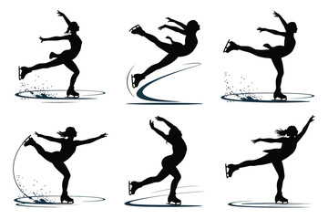 Silhouettes of ice skaters performing dynamic jumps spins and glides on a smooth surface in a minimalist artistic style © ANTU