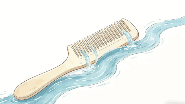 Watercolor Illustration of Flowing Clear Blue Water Passing Through the Teeth of a Light Wooden Wide-Tooth Comb, Minimalist Clean Composition on Plain Off-White Background