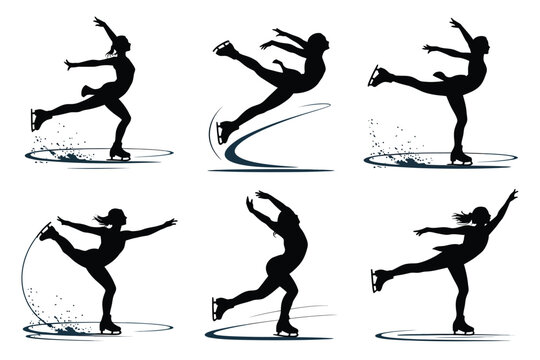 Silhouettes of ice skaters performing dynamic jumps spins and glides on a smooth surface in a minimalist artistic style