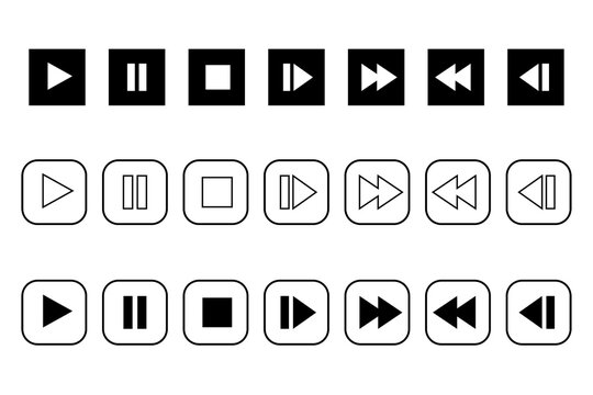 Media player control icons PNG, play pause stop rewind fast forward buttons, audio video UI controls set, minimal black interface icons for apps, streaming, music players and web design. High-res PNG
