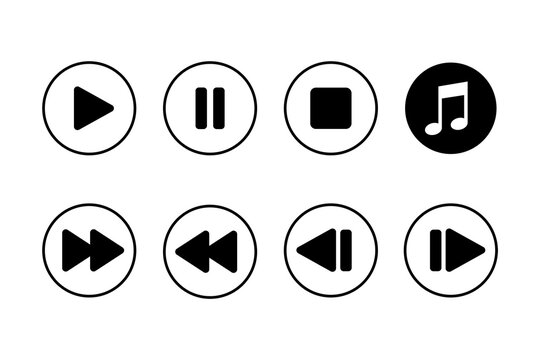 Hand drawn media control icons set: play, pause, stop, forward, rewind, next, previous and music note. Minimal doodle UI buttons for apps, audio player, video controls. High-res isolated PNG
