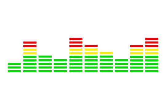 Audio equalizer bars, colorful sound wave spectrum, music visualizer levels. Green yellow red frequency bars, DJ sound meter for audio, media, music apps, UI and digital design. High-res isolated PNG