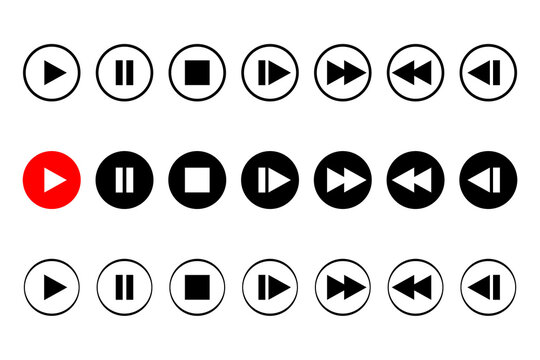 Media player control icons PNG, play pause stop rewind fast forward circular buttons, audio video UI controls set, black interface icons for apps, streaming, music players and web design. High-res PNG