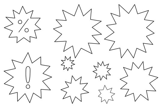 Black hand drawn textured starburst shapes set. Doodle explosion badges for sale, discount, promo, alert and emphasis in ads, posters, social media and UI design. High resolution isolated PNG