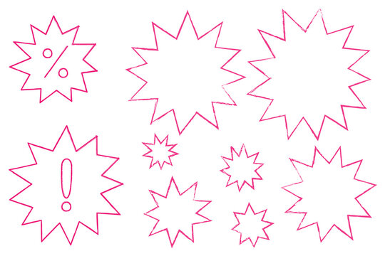 Pink hand drawn textured starburst shapes set. Doodle explosion badges for sale, discount, promo, alert and emphasis in ads, posters, social media and UI design. High resolution isolated PNG