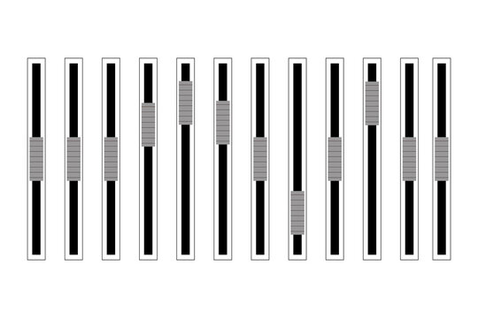 Audio mixer sliders PNG with transparent background. Sound equalizer faders, mixing console controls with vertical volume sliders. For music production, DJ apps, studio UI, media players, sound design