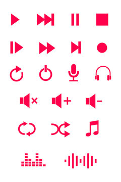 Red, pink media player icons PNG. Audio video controls set, play pause stop rewind fast forward volume, shuffle repeat microphone headphone icons. UI symbols for apps, design, social media, stickers