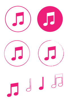 Music note icons PNG, hand drawn. Clean circle music symbols, pink audio icons set, minimal and sketch style notes for media player, sound apps, UI, streaming, stickers and design. High-res PNG