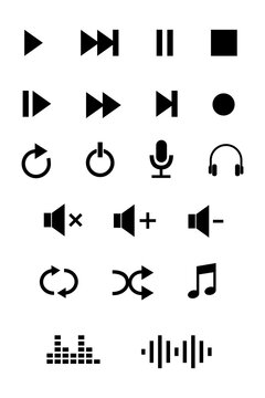 Black minimal media player icons PNG. Audio video controls set, play pause stop rewind fast forward volume, shuffle repeat microphone headphone icons. UI symbols for apps, design, social media sticker