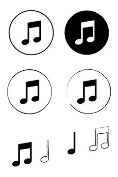 Music note icons PNG, hand drawn. Clean circle music symbols, black audio icons set, minimal and sketch style notes for media player, sound apps, UI, streaming, stickers and design. High-res PNG