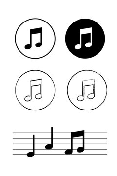 Music notes outlines on staff PNG. Black musical notation icons, sheet music staff lines with notes. Hand drawn, textured style symbols for audio, music apps, education, UI, design, teaching lessons