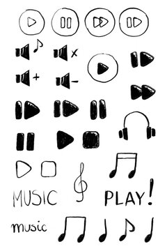 Hand drawn cute music player icon set with doodle audio controls: play, pause, volume, notes and clef. Sketch black and white sound symbols isolated on transparent background PNG for apps, UI 