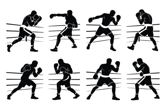 Dynamic silhouettes of boxers in action showcasing powerful punching and defensive stances in a boxing ring intense motion and athleticism highlighted in bold black and white