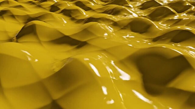 Abstract 3D liquid-like yellow geometric surface morphing continuously with organic deformation, resembling soft silicone waves. Camera top-down slowly rotating with parallax depth. High specular 