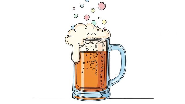Animated Beer Mug Illustration with Bubbles and Foam on White Background