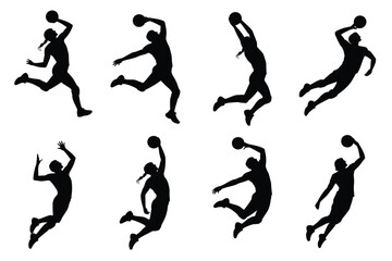 Black silhouettes of basketball players in dynamic poses dunking shooting and jumping in energetic sports action © ANTU