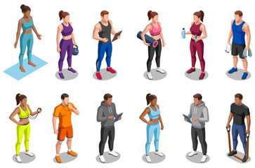 Obraz premium Fitness trainers and athletes set | active gym characters collection | personal coach and sport people in exercise clothes | isometric vector style