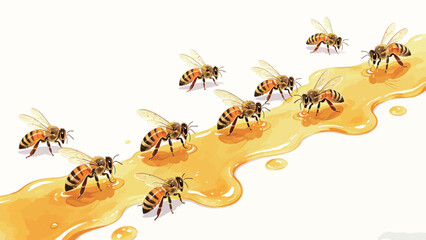 Fototapeta premium Watercolor Illustration of a Trail of Golden Honey with a Line of Honey Bees Feeding Along the Flow on a Plain White Background