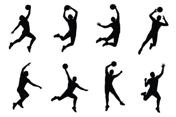 Dynamic silhouettes of athletes performing basketball moves including dunking shooting and dribbling in mid air showcasing athleticism and competition in a minimalist black © ANTU