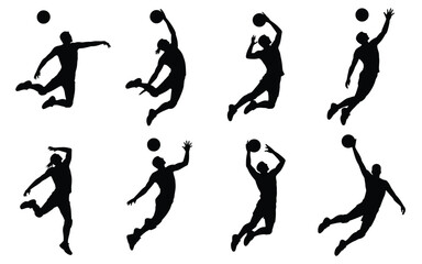 Dynamic silhouettes of athletes performing energetic basketball moves including dunking shooting and jumping captured in bold black outlines against a clean white background © ANTU