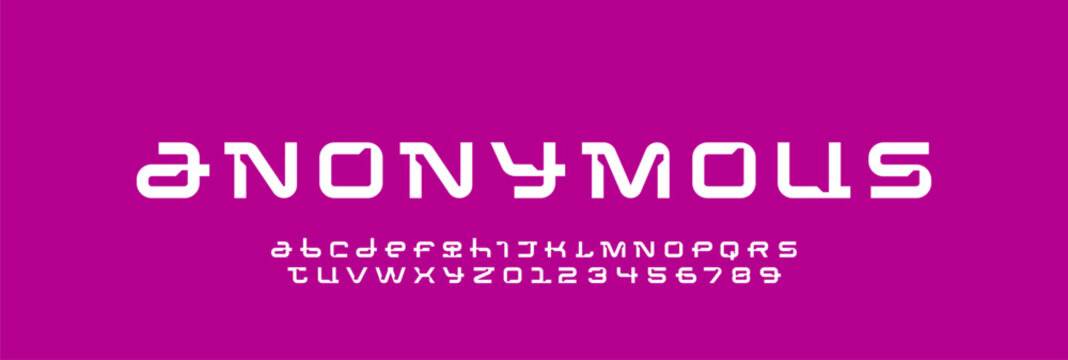 Technical cut font, cyber alphabet, digital wide letters from A to Z and numbers from 0 to 9 for interface future design, vector illustration 10EPS