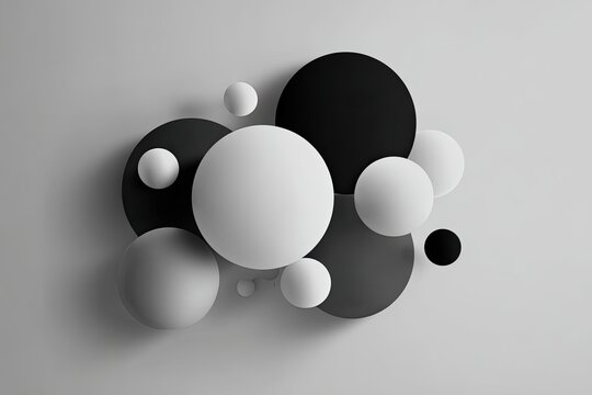 Abstract grayscale arrangement of overlapping spheres and disks on a solid background