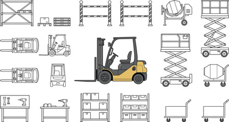 Industrial warehouse and logistics CAD plan view vector icon set, technical outline forklift storage racks pallets containers workstations and material handling equipment for floor plan design © PrimePixel Co