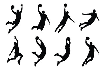 Dynamic silhouettes of athletes performing varied basketball moves including dunking shooting and jumping in mid air showcasing athleticism and action in a clean minimalist style © ANTU