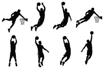 Dynamic black silhouettes of basketball players dunking shooting and jumping in mid air with intense action and energy isolated on white background showcasing athleticism © ANTU