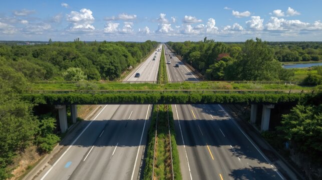 Aerial view of a wide eco friendly wildlife corridor with lush greenery on a highway overpass