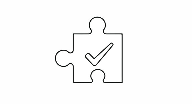 Puzzle piece with checkmark icon representing a solved problem, successful completion, perfect fit, or verified solution in a minimalist line art style.